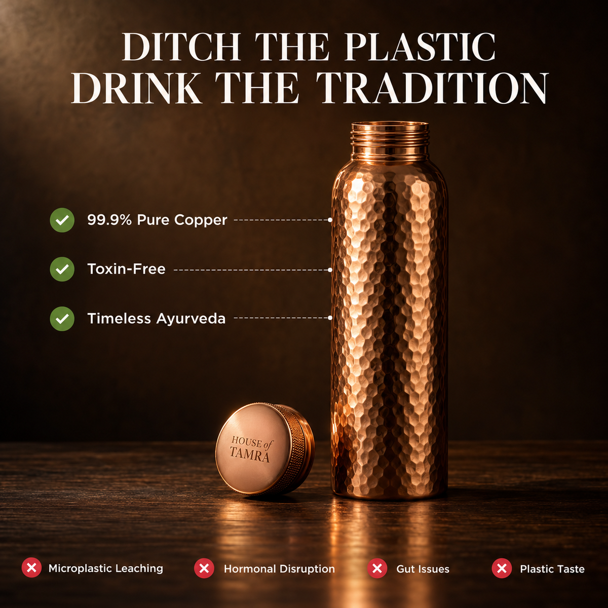House of Tamra Pure Copper Water Bottles - V2 Hand-Hammered Edition